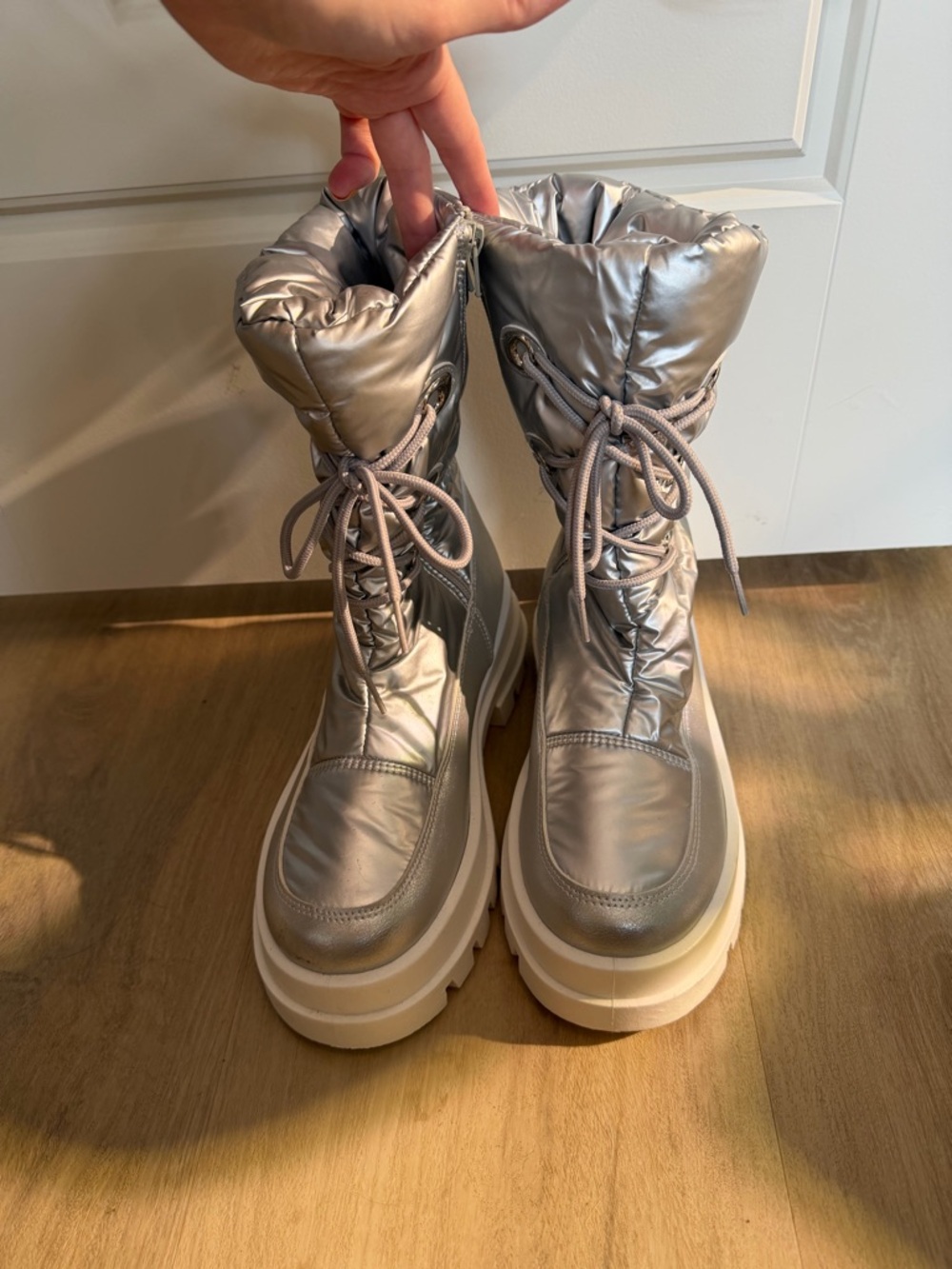 Women’s Metallic Silver Lace-Up Winter Boots